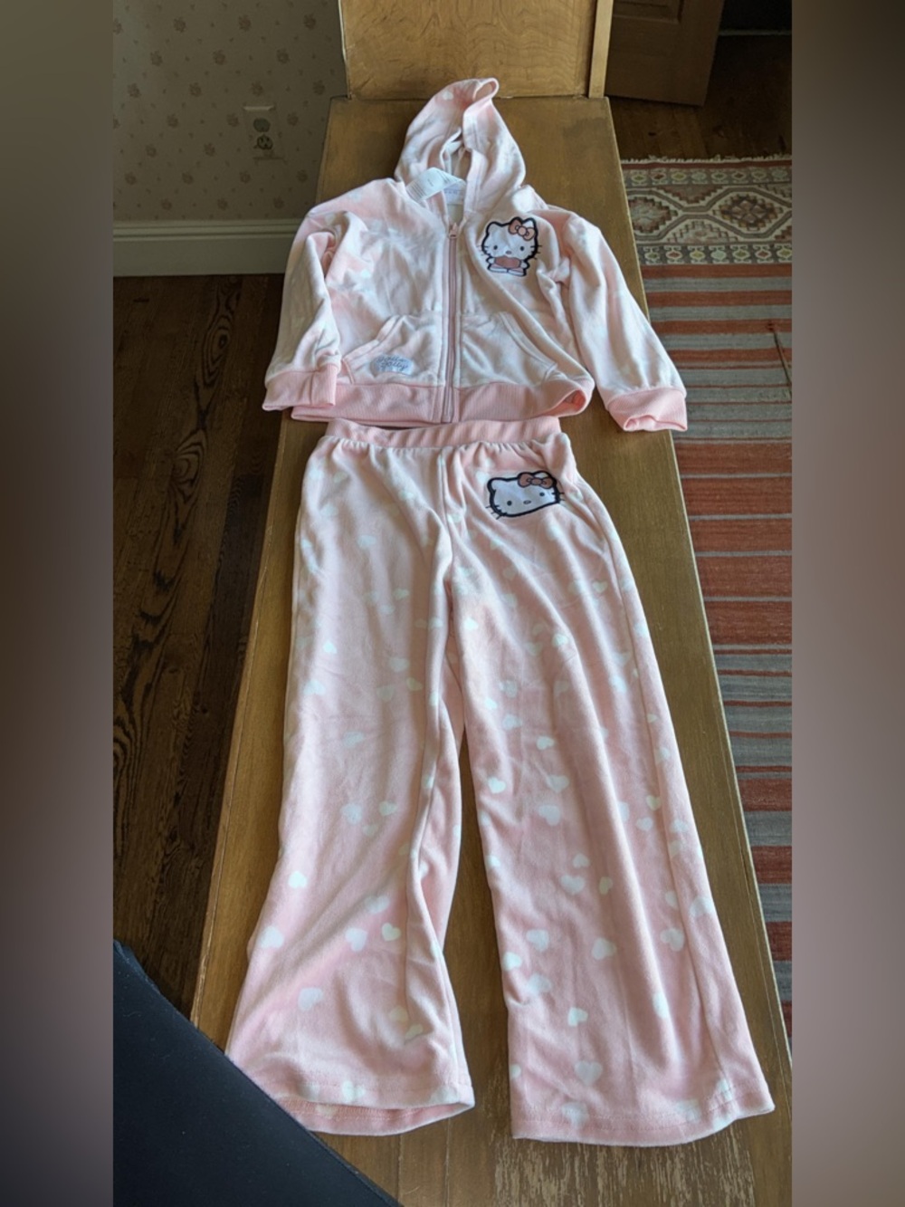 Hello Kitty Pink Hooded Plush Pajama Set with Heart Print